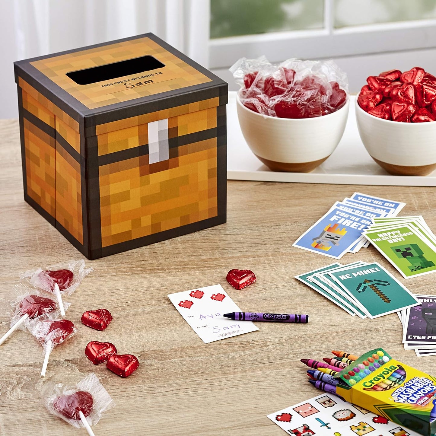 Minecraft Valentines Day Cards and Mailbox for Kids School Classroom Exchange (1 Box, 32 Valentine Cards, 35 Stickers, 1 Teacher Card)