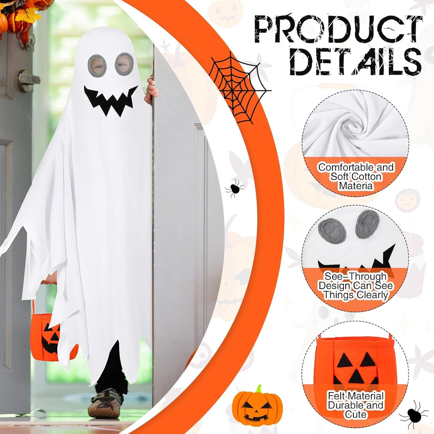 Halloween Kids Ghost Costume Toddler Ghost Costume with Pumpkin Bucket for Boys Girls Cosplay Trick or Treating Party