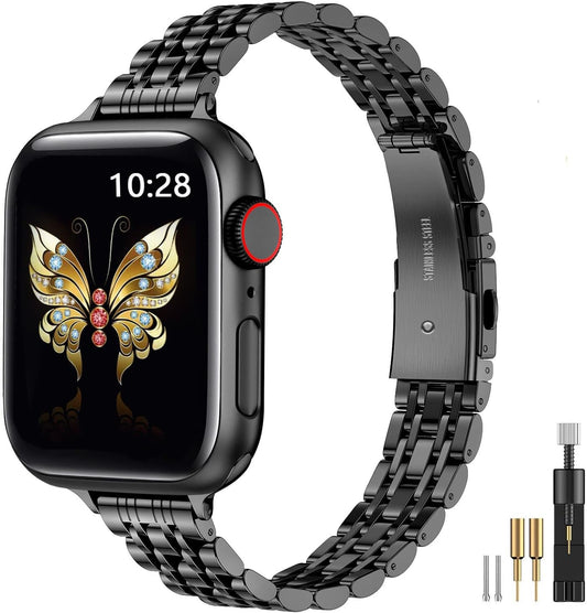 Slim Metal Band Compatible with Apple Watch Band 41Mm 40Mm 38,Mm,Dressy Stainless Steel Chain Strap for Women Iwatch Bands Series 9 8 7 6 5 4 3 2 1 Se,Black