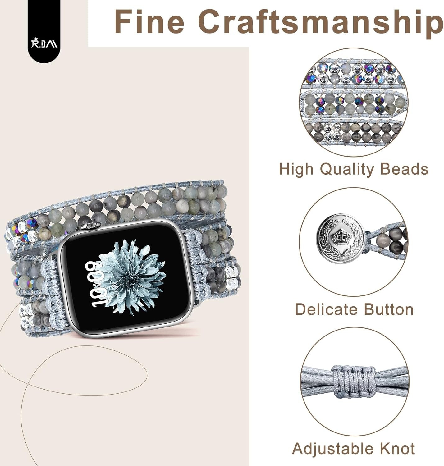 Boho Beaded Watch Band Women Compatible with Apple Watch 42Mm 44Mm 45Mm 46Mm 49Mm Grey Bead Stone Bracelet Adjustable Handmade Braided Strap for Iwatch Series 10/9/8/7/6/5/4/3/2/1/Se/Ultra 1 2