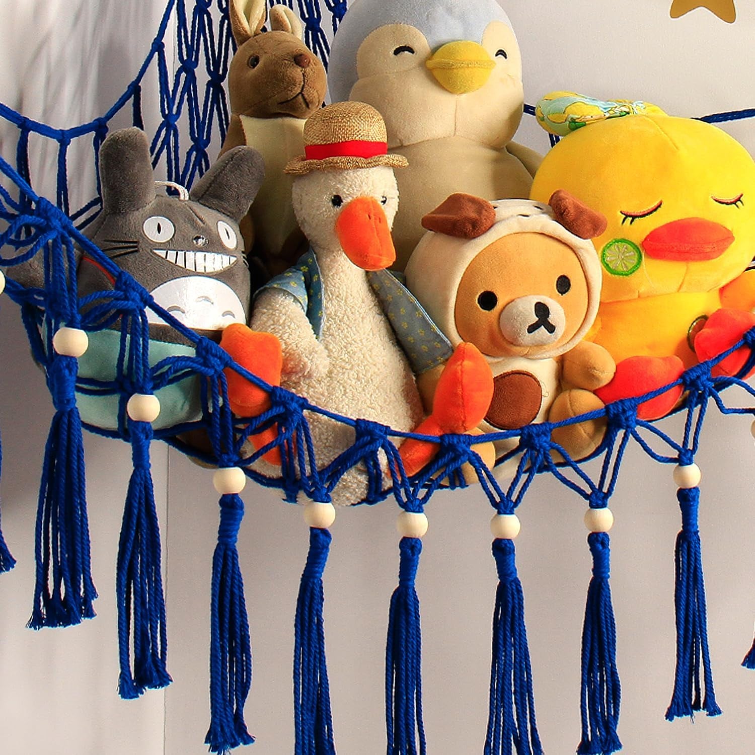 Stuffed Animal Toy Storage Hammock with LED Light-Macrame Jumbo Doll Room Organizer Mesh Decoration-Hanging Storage Nets Kids Bedroom(Blue Beads)