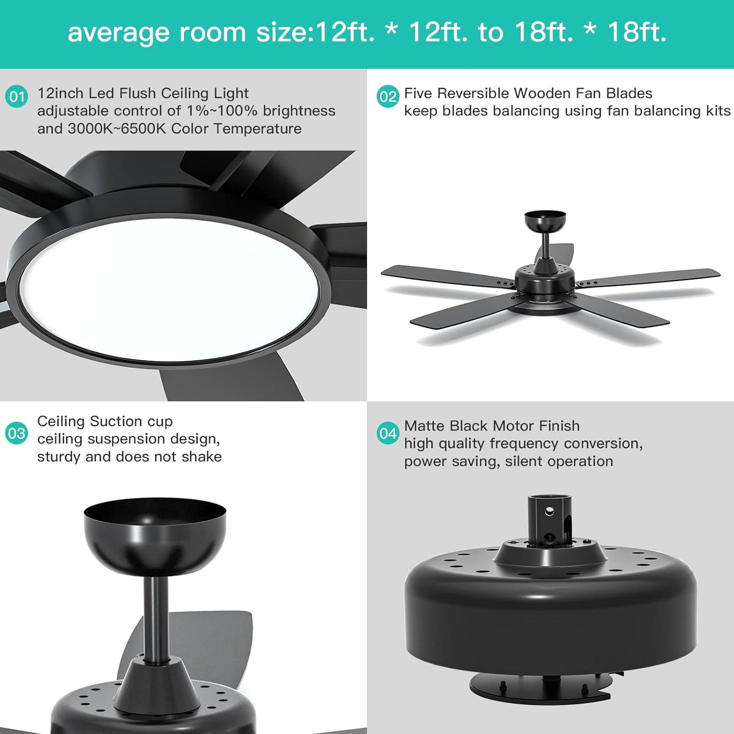 52 Inch Smart Ceiling Fan with Light,Ultra Silent Reversible DC Motor Fan Remote Control Compatible with Alexa Google Home（Black）