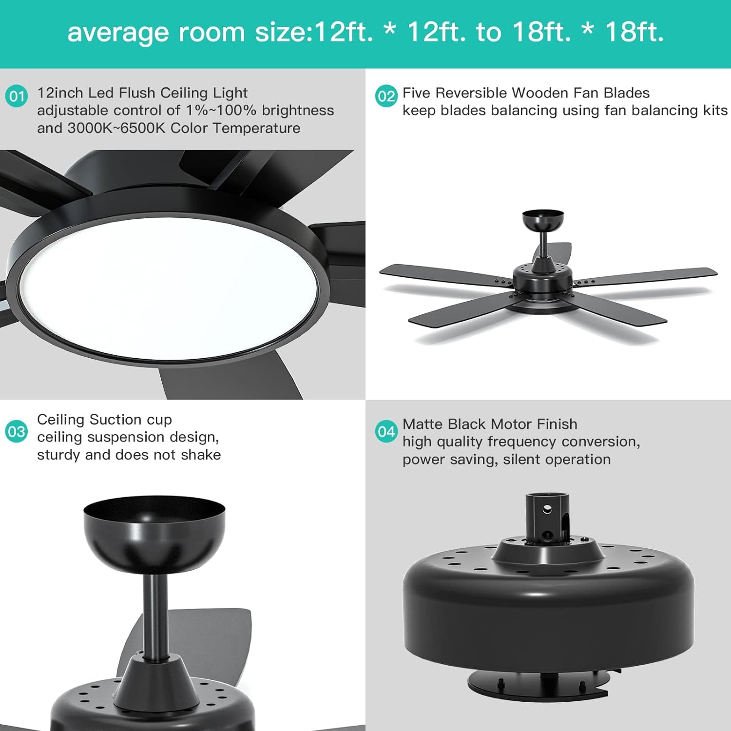 52 Inch Smart Ceiling Fan with Light,Ultra Silent Reversible DC Motor Fan Remote Control Compatible with Alexa Google Home（Black）