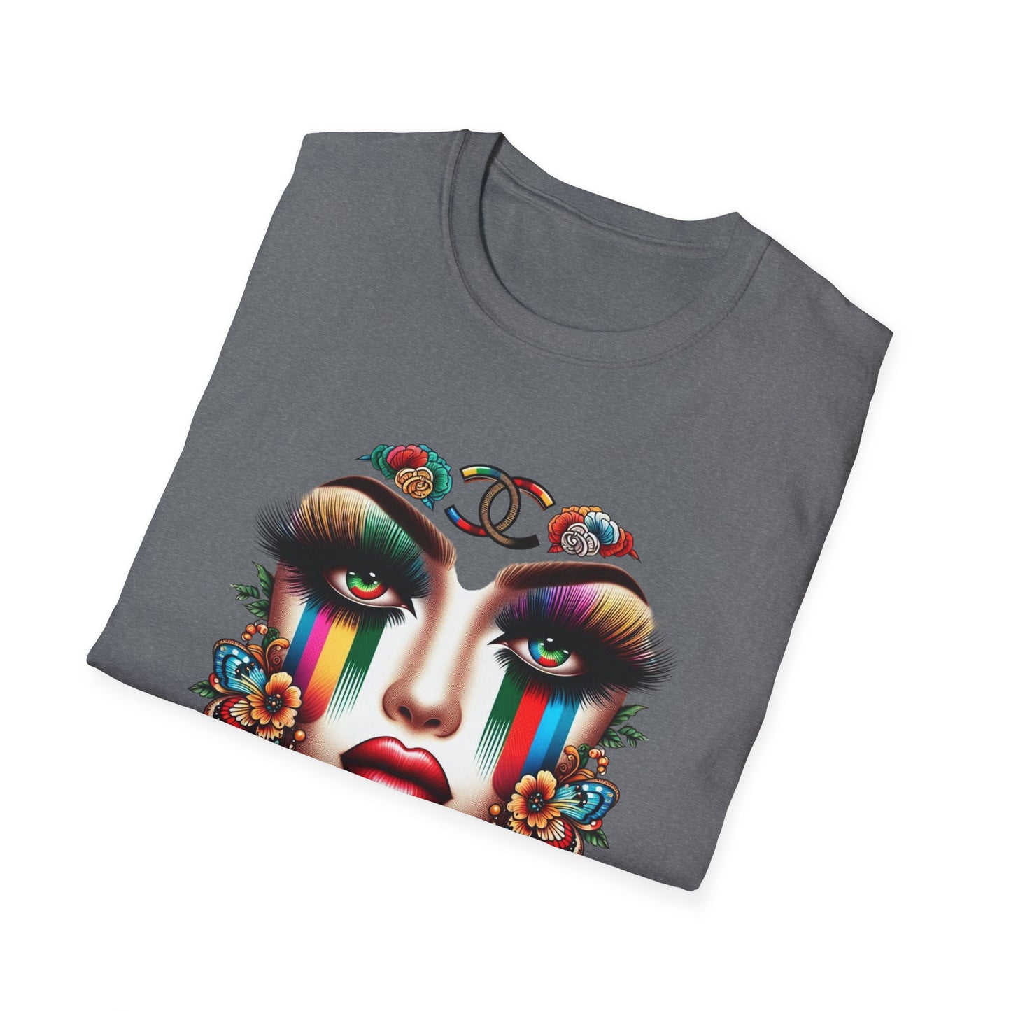Gucci Inspired Vibrant Art Face Unisex Softstyle T-Shirt - Colorful Floral Design