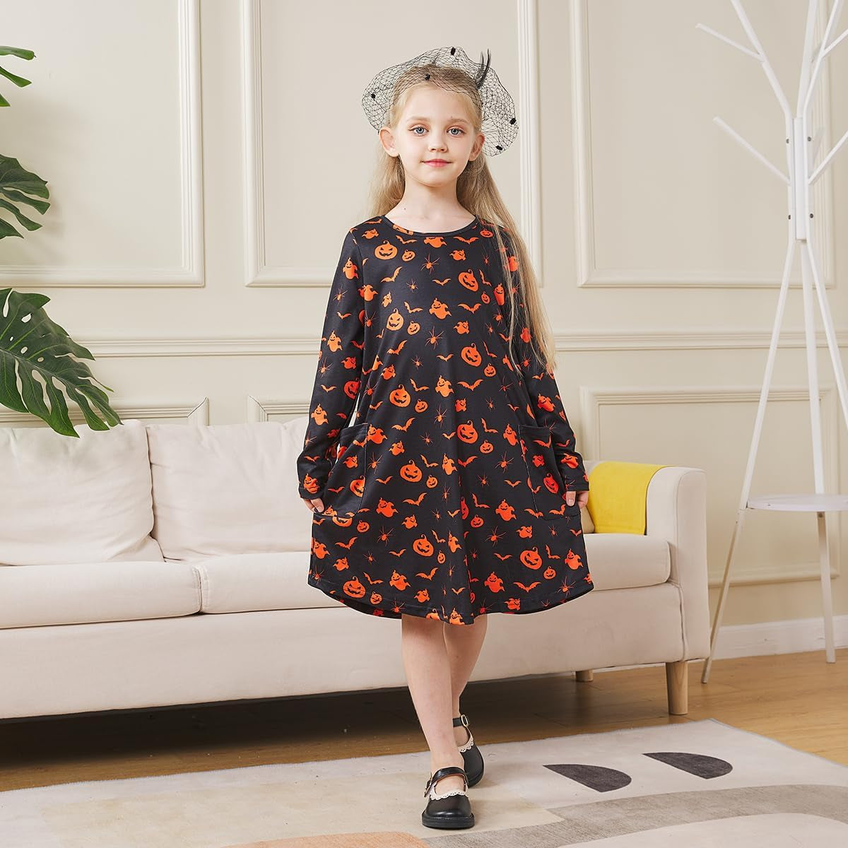 Girls Halloween Costumes Dresses for Kids Costume Dress Long Sleeve Printed Shirt Dresses with Pockets