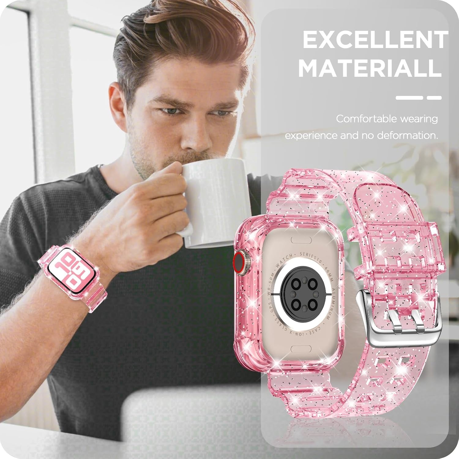 Compatible for Clear Apple Watch Band with Bumper Case, Women Men Glitter Bling TPU Sport Strap for Iwatch SE Ultra Series 10 9 8 7 6 5 4 3 2 1