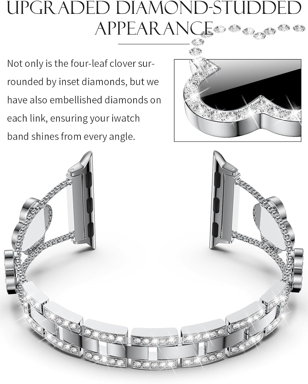 Bling Womens Band Compatible with Apple Watch Band 40Mm 41Mm 38Mm Series 9 8 7 6 5 4 3 2 1 SE, Sparkle Diamond Replacement Bracelet Wristband, Cute Lucky Clover Dressy Iwatch Band,Silver/Black