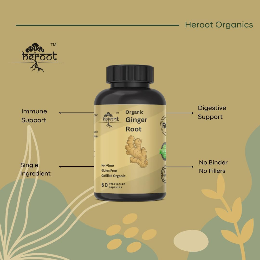 Organic Ginger Root 400Mg (Zingiber Officinale) Organic Ginger Root Capsules | Pure Ginger Powder per Serving | 60 Vegan Capsules TLBH