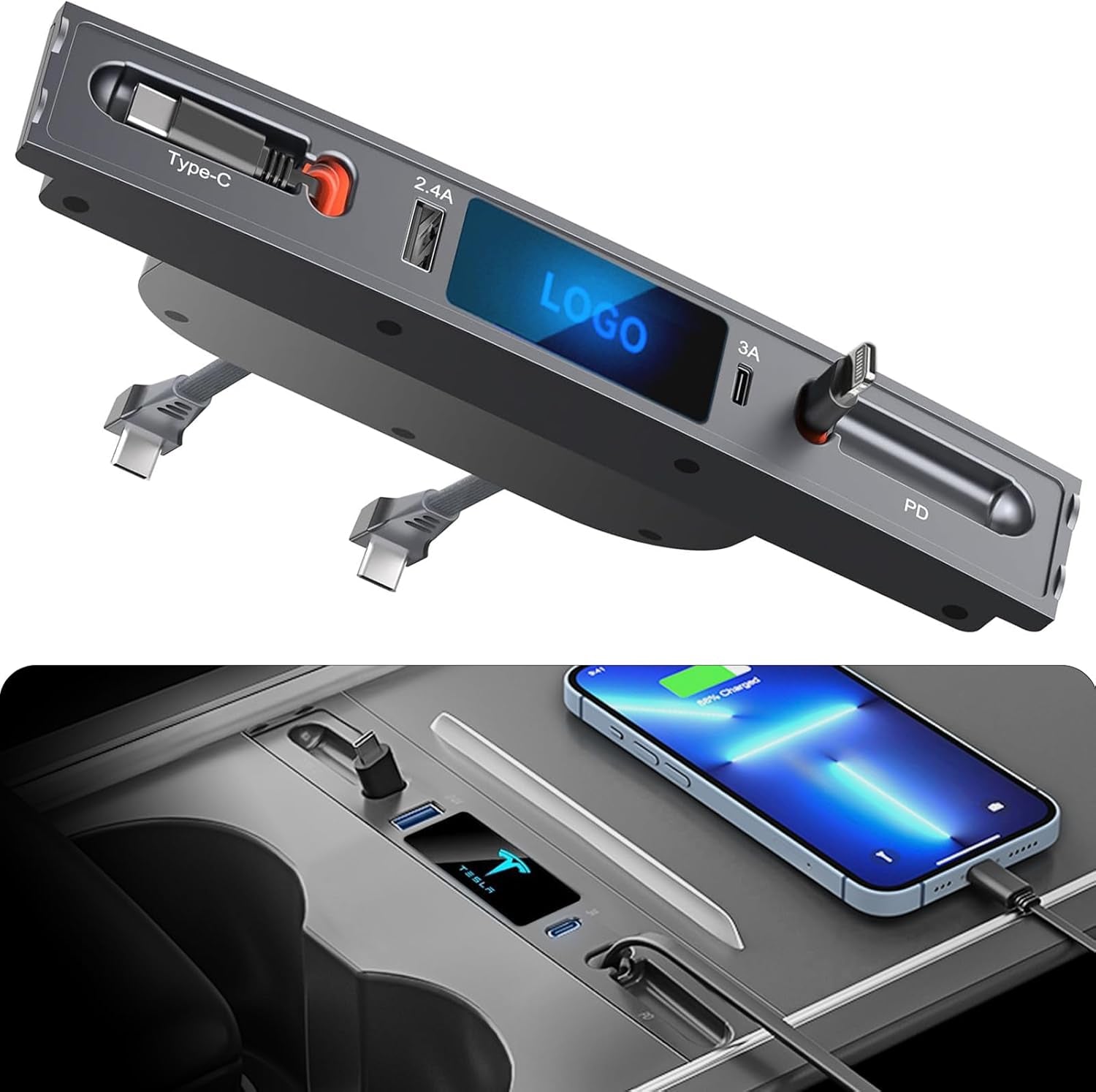 Car USB Charger for Tesla Model 3 Model Y 2024 2023 2022 2021, Upgrade Touch Switch Model 3 Model Y USB Hub with Retractable Cable for Tesla Interior Accessories (Not Fit Model 3 2024 Highland)