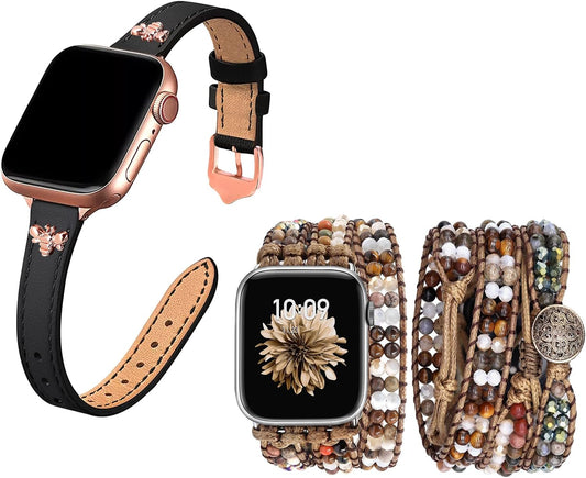Elegant Slim Leather Bands Boho Beaded Watch Band Bundle Compatible with Apple Watch 38Mm 40Mm 41Mm 42Mm 44Mm 46Mm 45Mm 49Mm Women for Iwatch Series 10/9/8/7/6/5/4/3/2/1/Se/Ultra