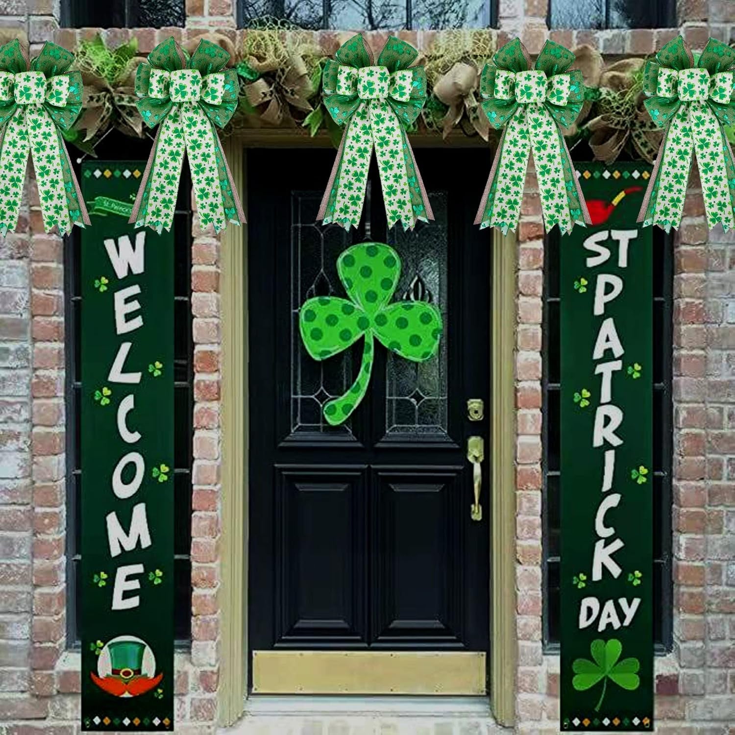 St Patricks Day Bow for Wreath Decorations,St Patricks Day Tree Topper Bows,Large Burlap White Green Glitter Shamrock Bowknot Irish Holiday Crafts Bows for Front Door Outdoor Outside