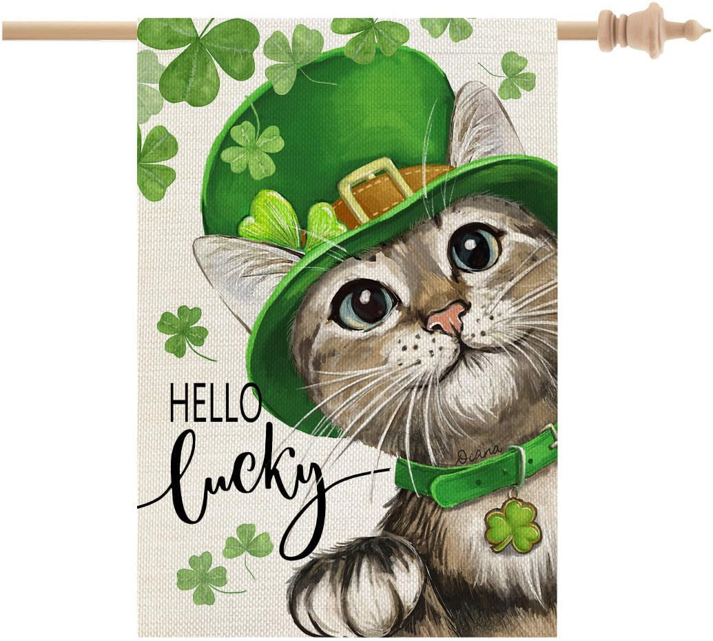 St Patricks Day Cat Garden Flag Hello Lucky 12X18 Inch Double Sided for outside Small Burlap Shamrock Clovers Holiday Yard Decoration