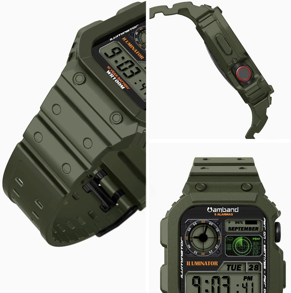 Compatible with Apple Watch Band 45Mm 44Mm 42Mm with Bumper Case, Rugged Men Bands for Iwatch SE Series 9 8 7 6 5 4 3 2 1, Sport Military Protective Cases Drop-Proof Shockproof Green