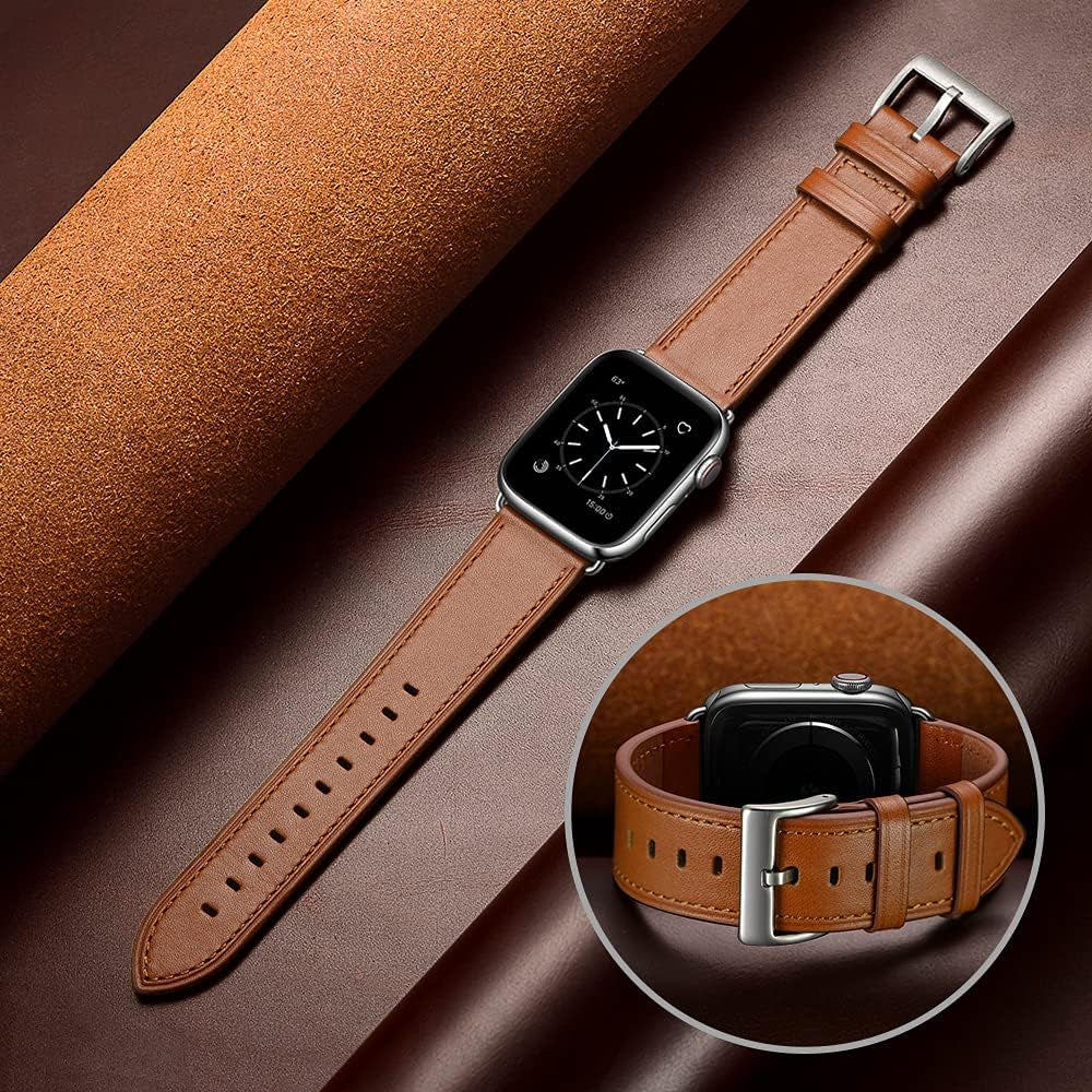 Compatible with Apple Watch Band 42Mm(Series 10) 41Mm 40Mm 38Mm, Genuine Leather Band Replacement Strap Compatible with Apple Watch (Black/Black+Brown/Silver)