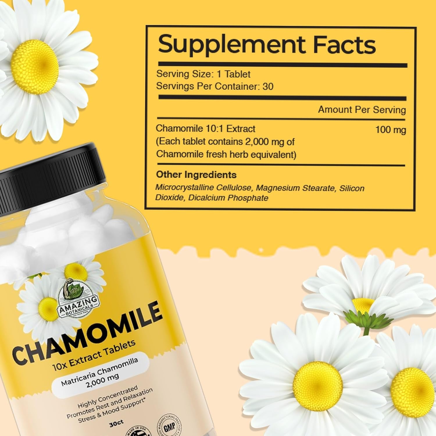 Organic Chamomile Extract Tablets - Matricaria Chamomilla Plant-Based Supplement - 10X Extract 2000 MG Each - Promotes Relaxation - 30 Tablets TLBH