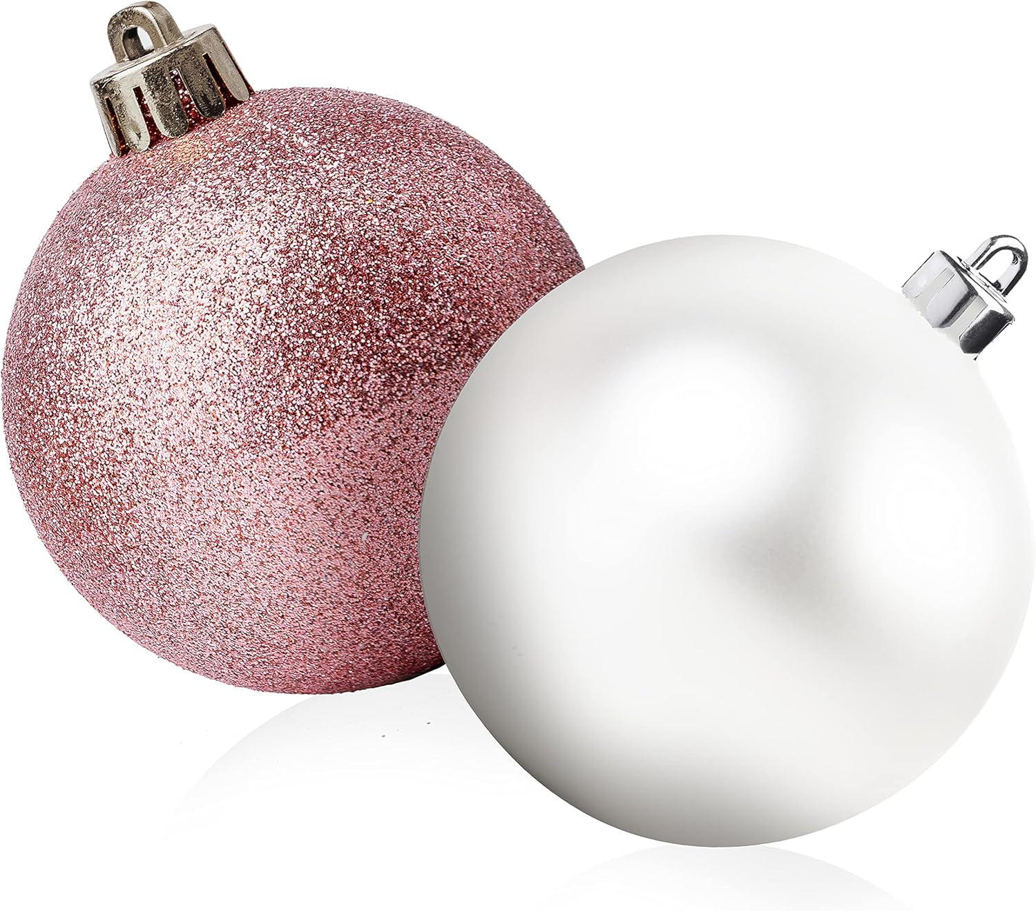 100 Pink and White Christmas Ornament Balls Shatterproof + 100 Metal Ornament Hooks, Hanging Ornaments for Indoor/Outdoor Xmas Christmas Tree, Holiday Party, Home Décor Sizes, 1.2" 1.6" & 2.4"