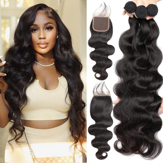 Human Hair Bundles with Closure (22 24 26+20，Free Part) Body Wave Bundles with Lace Closure Brazilian Human Hair Weave Bundles with Closure Virgin Hair Weft 150% Density Natural Color
