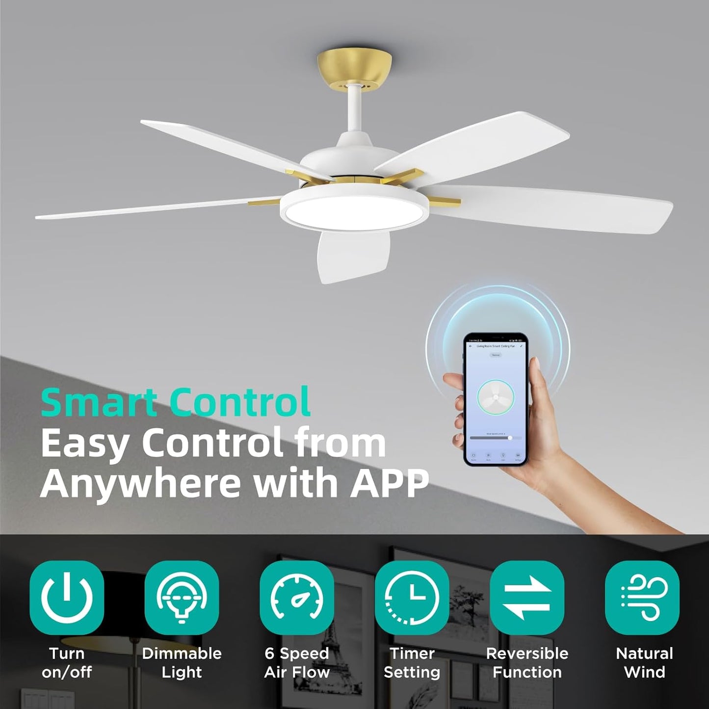 Ceiling Fans with Lights,Ultra Silent 52 Inch Smart Ceiling Fans with Dimmable LED Light Compatible with Google Home Alexa App Control(White Gold