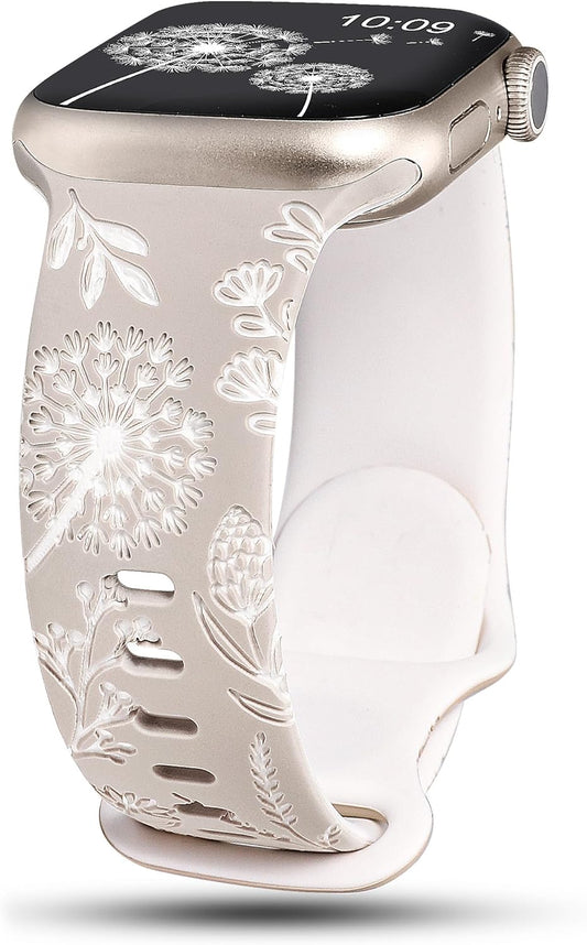 Floral Engraved Band Compatible with Apple Watch Bands 41Mm 40Mm 38Mm 49Mm 45Mm 44Mm 42Mm Women, Two-Tone Flower Soft Silicone Cute Sport Strap for Iwatch Series 9 8 7 6 5 4 3 2 1 SE Ultra 2
