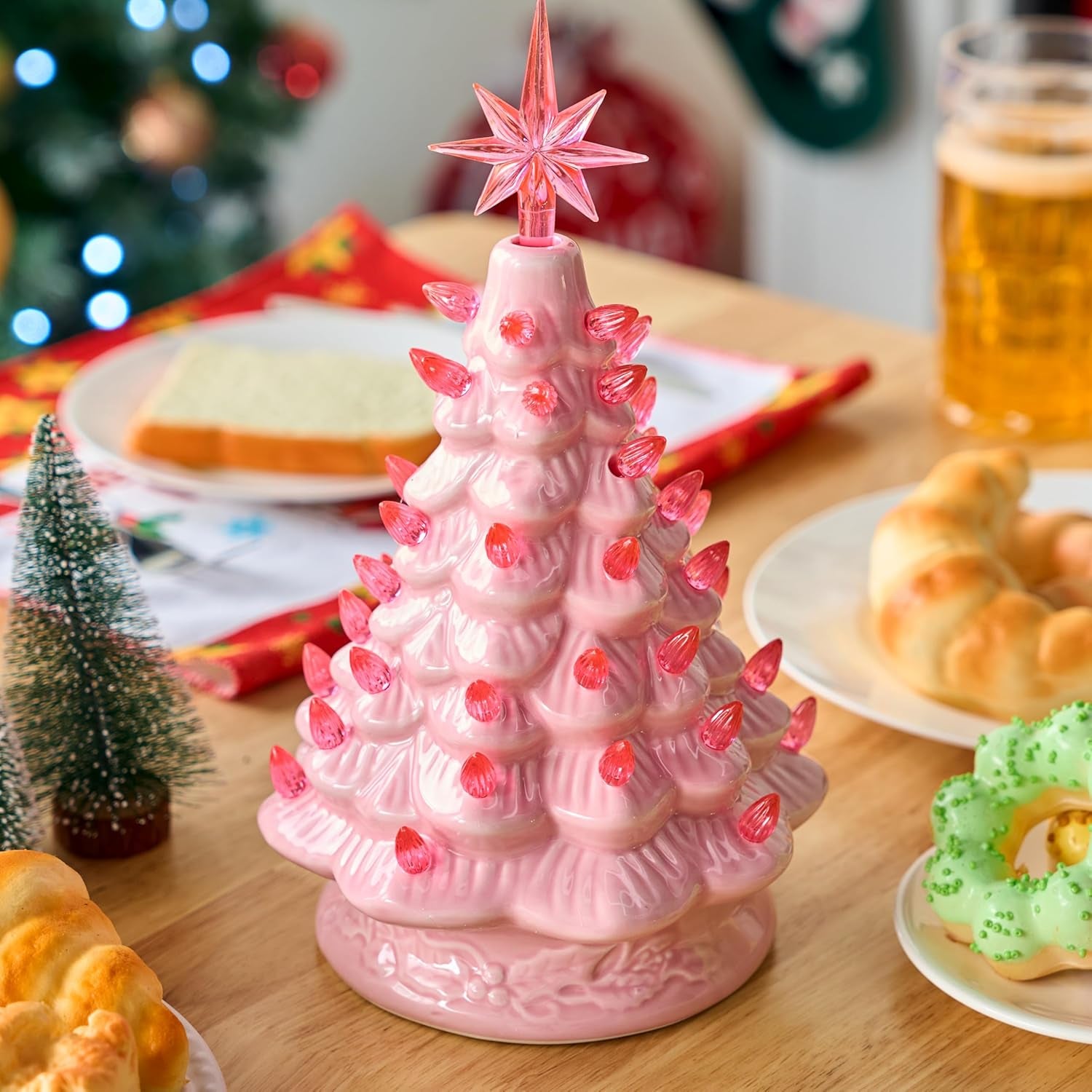 12" Pink Ceramic Christmas Tree, Prelit Tabletop Christmas Tree with Extra Pink Top Star & Bulbs for Best Desk Decoration