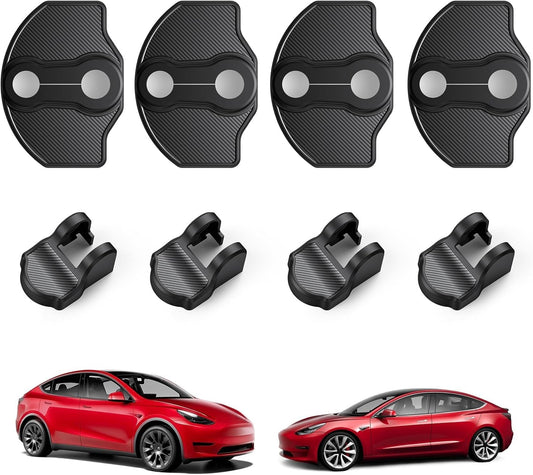 2017-2025 Tesla Model 3 Model Y Door Lock Cover Protector [Carbon Edition] [No Tape Requried], Anti-Scratch Door Striker Latches Sill Stopper Covers for Model 3 Model Y Set of 8