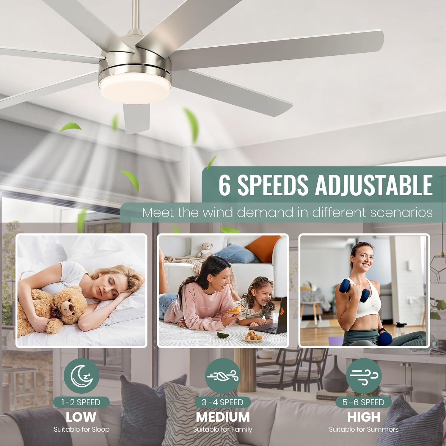 62 Inch Ceiling Fan with Lights, Outdoor Ceiling Fan with Light 7 Reversible Blades,Dimmable, Modern Nickel Ceiling Fan with 6" and 12" Downrods for Bedroom Living Room Patio