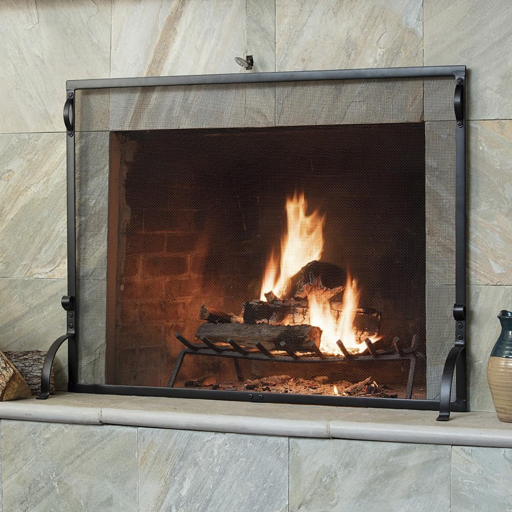 , S-1075, Large Wrought Iron Spark Guard Fireplace Screen (50" Wide X 35" Tall)