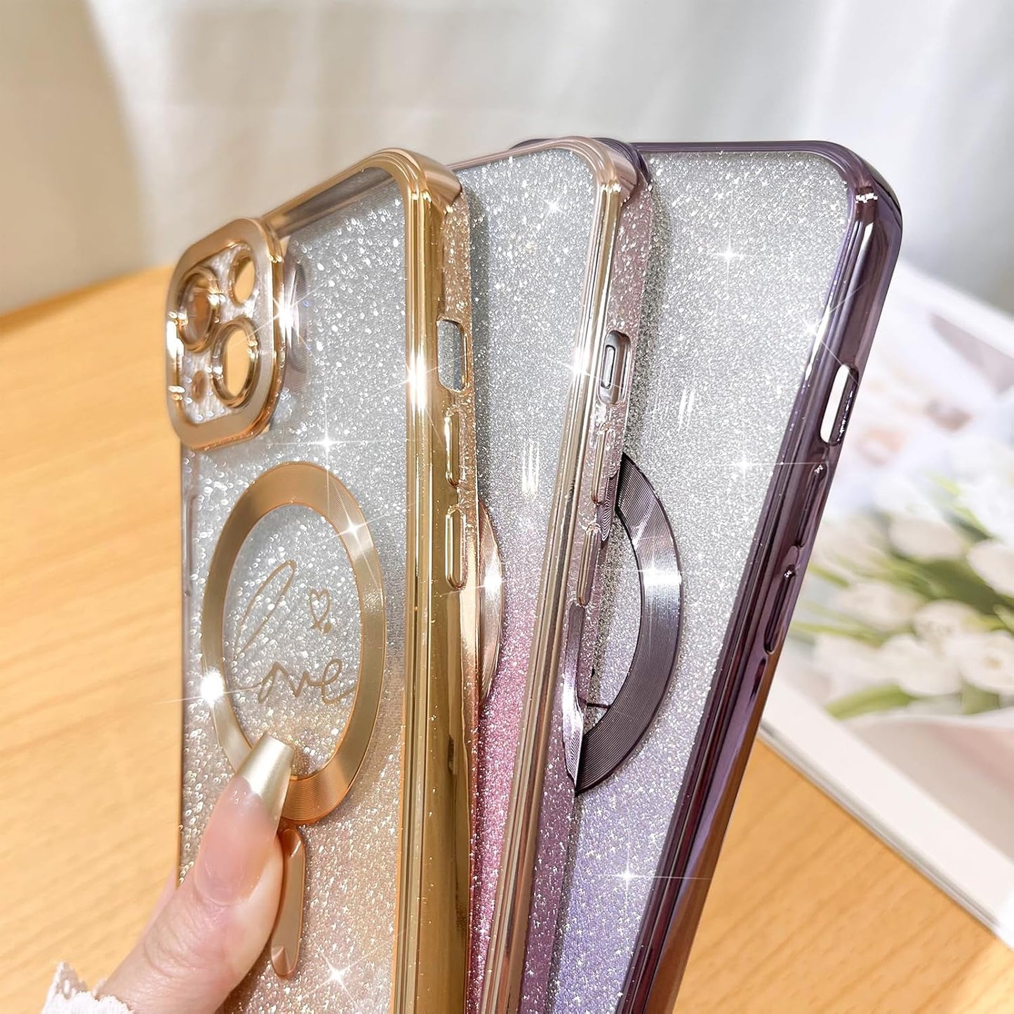 Compatible with Iphone 13 Case,Compatible with Magsafe Love Heart Plating Camera Protection Clear Phone Case, Magnetic Glitter for Women Girls Shockproof Back Bumper 6.1"-Gold