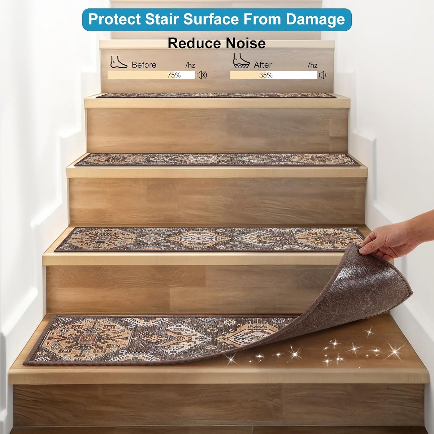 Non-Slip Carpet Stair Treads for Wooden Steps Indoor Set of 15 Pack 8" X 30" Peel and Stick Reusable Staircase Stair Runners Rugs, Soft Safety for Dogs, Kids & Elders, Stairway Grip, Brown