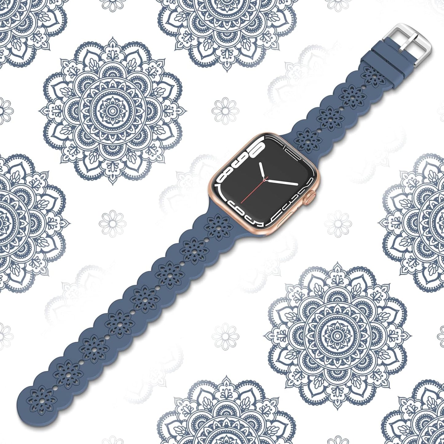 Floral Silicone Band Compatible with Apple Watch Bands 38Mm 40Mm 42Mm 44Mm 41Mm 45Mm 49Mm Women Men, Slim Hollow-Out Design Wristbands Soft Sport Breathable Watch Bands for Iwatch Ultra SE Series 9/8/7/6/5/4/3/2/1