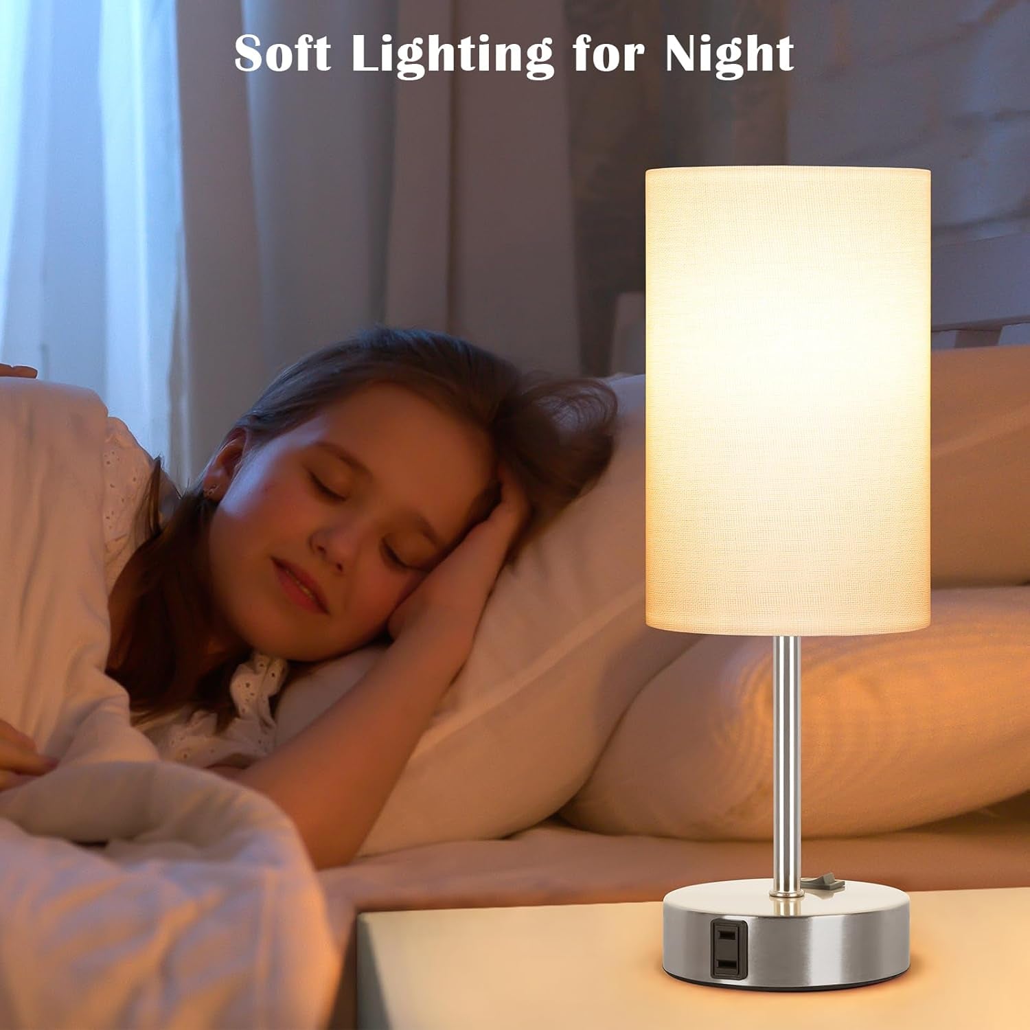 Table Lamp for Bedroom Set of 2, Bedside Small Lamps with 3 Way Dimmable Rocker Switch and AC Outlet, Nightstand Desk Lamp with White Fabric Shade Nickel Base for Living Room Home Decor Lights