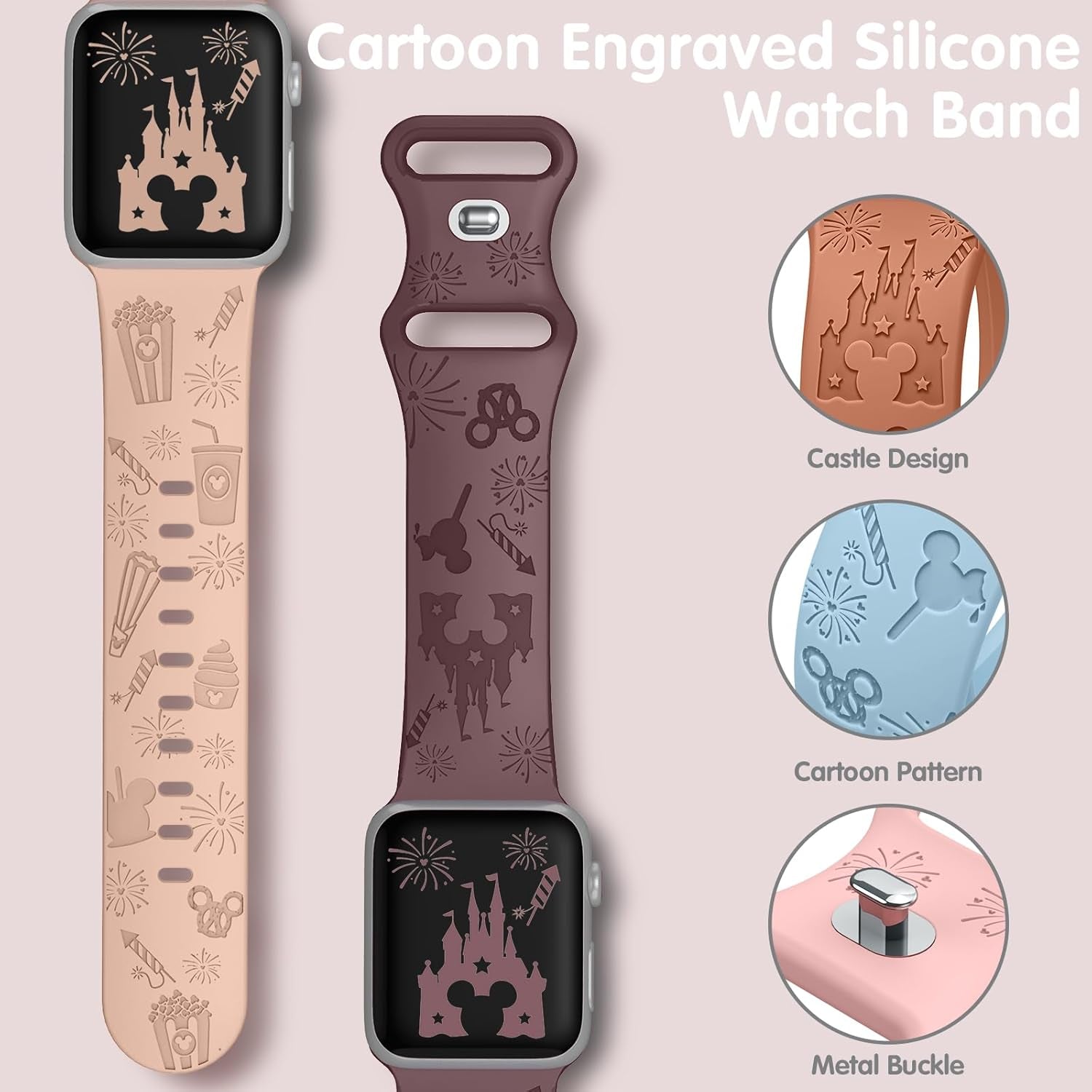 Cartoon Engraved Band Compatible with Apple Watch Bands 40Mm 38Mm 44Mm 45Mm 41Mm 42Mm 49Mm for Women, Soft Silicone Strap Cute Sport Wristband for Iwatch Series 9 8 7 6 5 Ultra 4 3 2 1 SE Ultra2