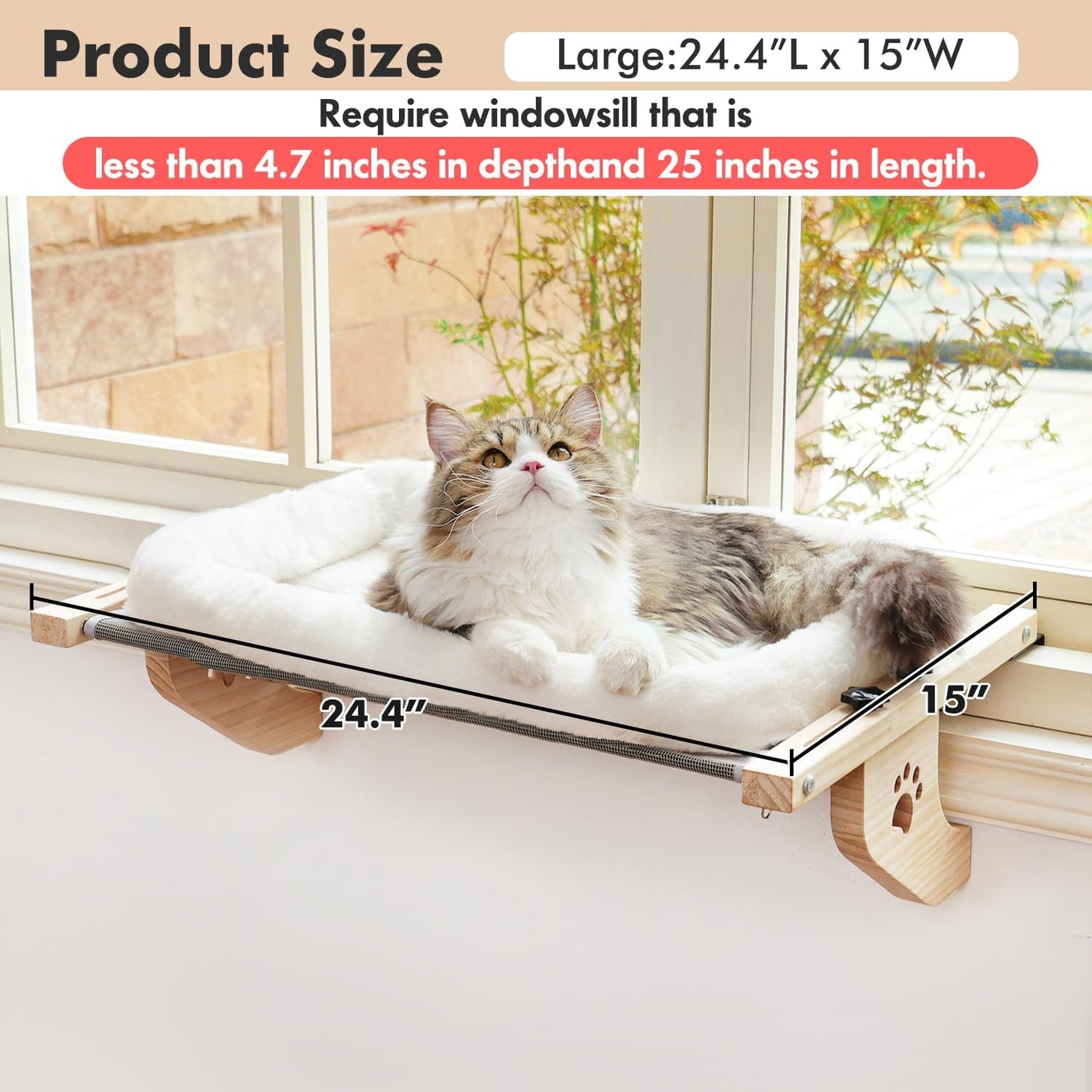Cat Sill Window Perch Sturdy Hammock Seat with Cushion Bed Cover, Wood & Metal Frame for Large Cats, Easy to Adjust Windowsill, Bedside, Drawer and Cabinet(Cushion Bed)