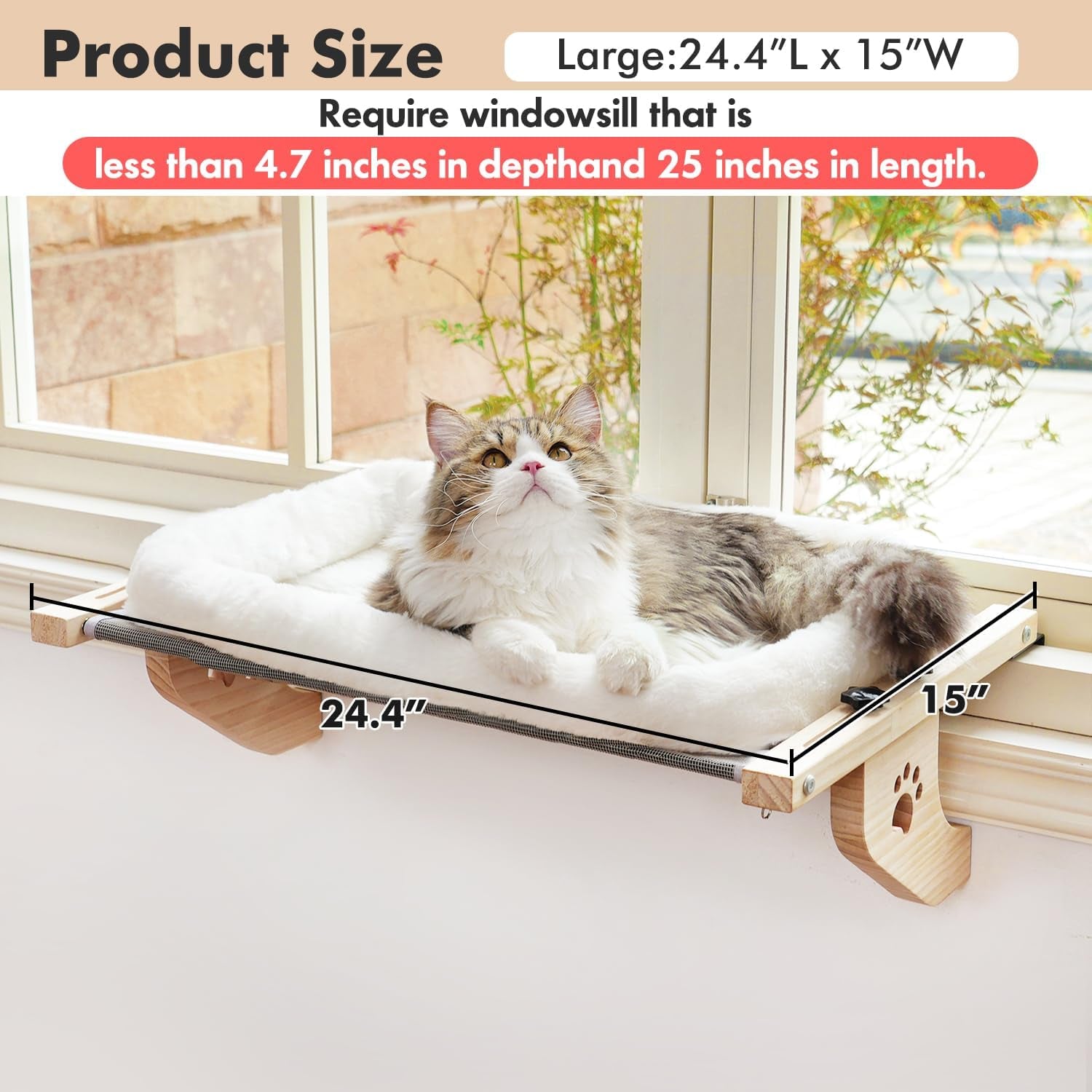 Cat Sill Window Perch Sturdy Hammock Seat with Cushion Bed Cover, Wood & Metal Frame for Large Cats, Easy to Adjust Windowsill, Bedside, Drawer and Cabinet(Cushion Bed)