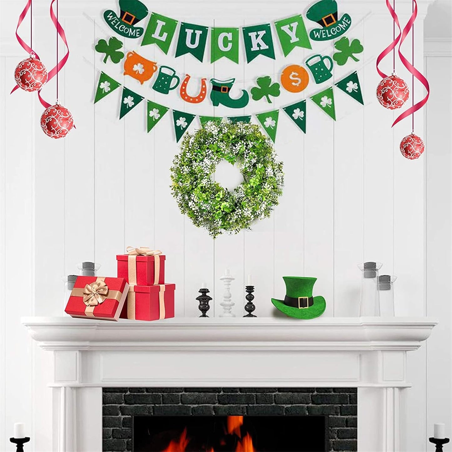 St Patricks Day Decorations Artificial Wreath Lucky Shamrock Clover Leprechaun Hat Beers Spring Summer Party Decor Outdoor/Indoor Farmhouse Front Porch Wall Window Door