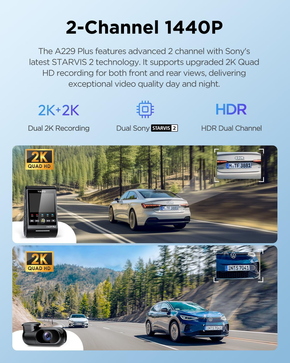 A129 plus Duo Upgraded Model, Dash Cam Front and Rear, Dual STARVIS 2 Sensors, 2 Channel HDR, 1440P+1440P Voice Control Car Dash Camera, 5Ghz Wi-Fi, Support 512GB Max (A229 plus 2CH)