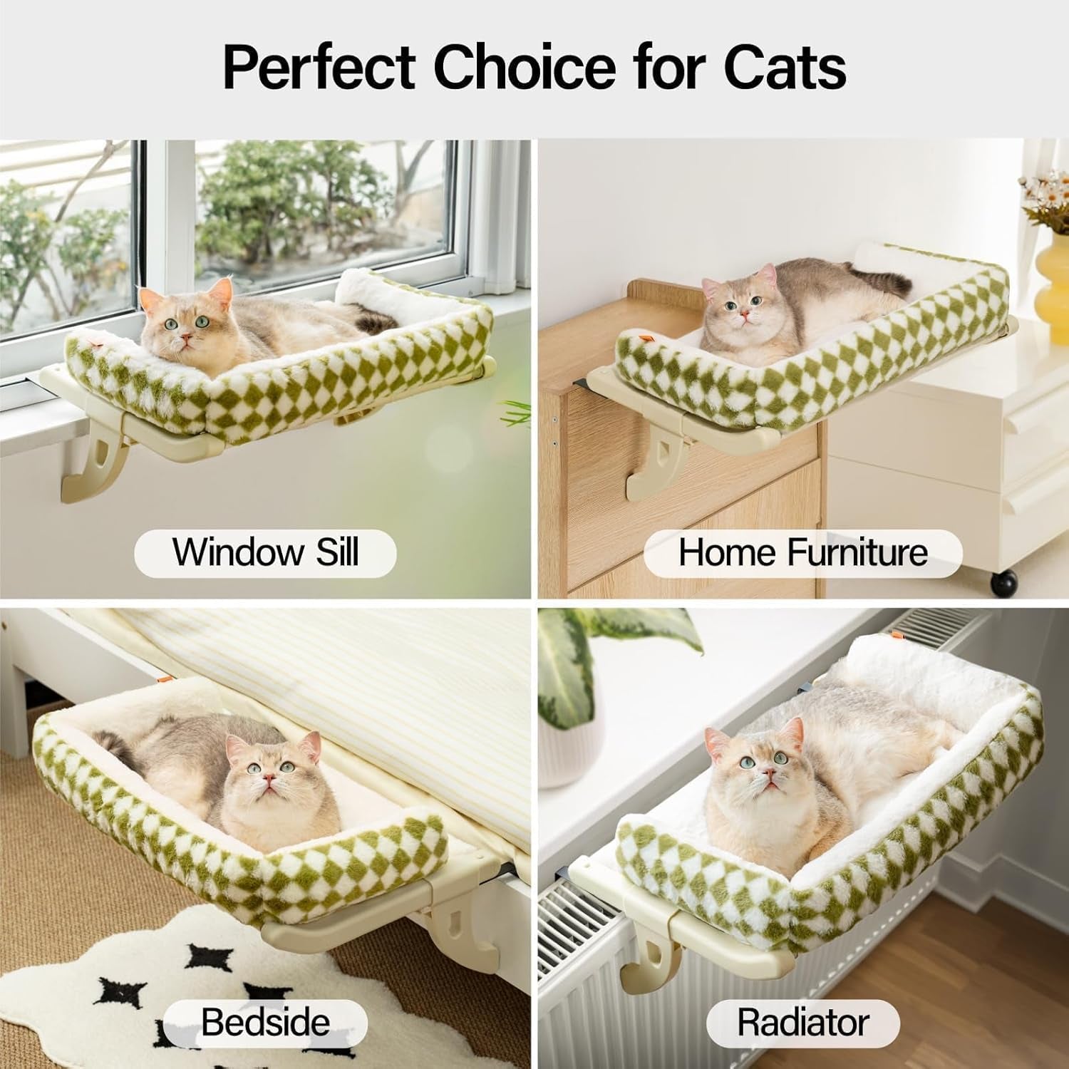 Cat Window Sill Perch for Indoor Cats, One-Step Sliding Clamping Slot Adjustment Cat Window Hammock with Removable Covers, Cat Bed for Windowsill & Bedside (Green, Large)