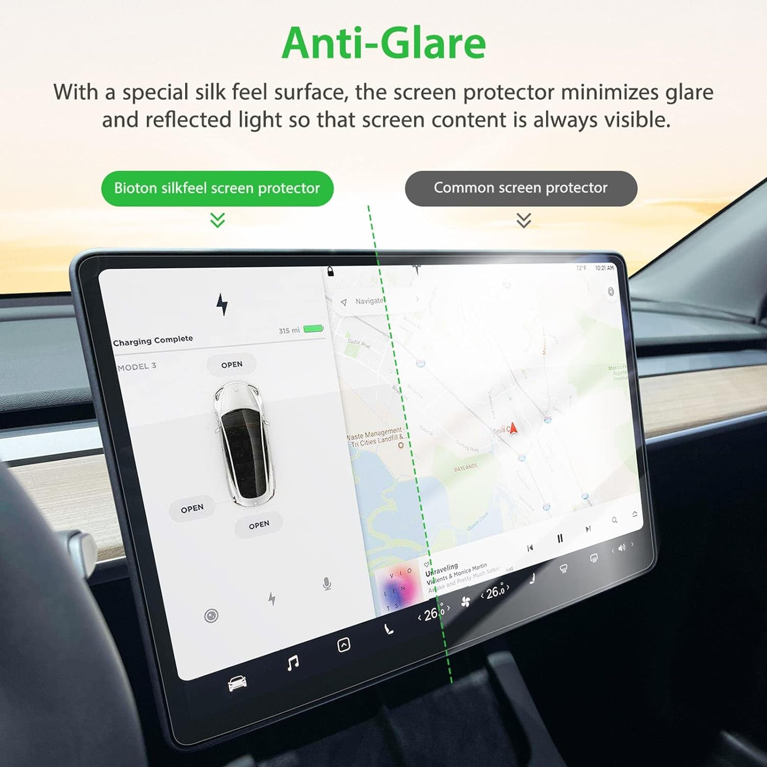 Nano-Texture Glass Screen Protector Designed for Tesla Model 3 (2023-2017) / Tesla Model Y (2024-2020) Center Control Touchscreen [Automatic Alignment] [Anti Glare] [9H Hardness]