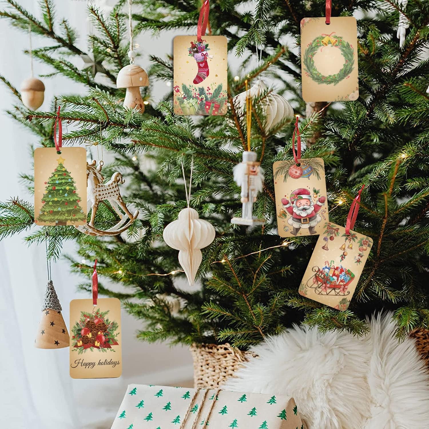 120PCS Vintage Christmas Gift Tags, Retro Xmas Gift Tags with String, Christmas Hanging Tags, Christmas Gift Wrapping Holiday Home Decor(2’’ X 3’’)