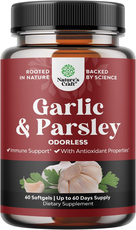 Super Concentrated Odorless Garlic Supplement - No Smell Easy to Swallow Antioxidant Garlic Pills for Immune Support and Heart Health - Odorless Softgels with Parsley Non GMO and Gluten Free TLBH