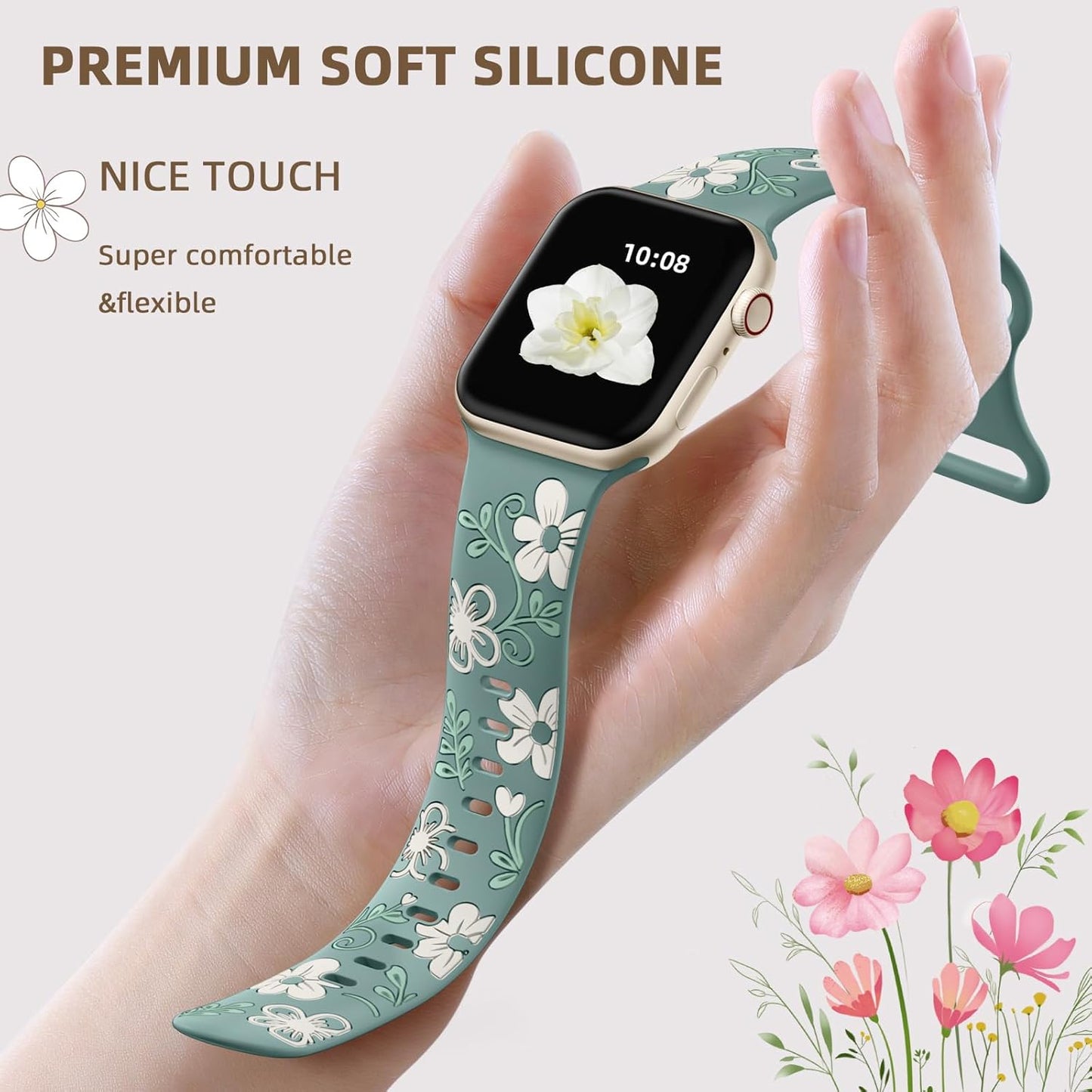 Floral Band Compatible with Apple Watch Bands for Women 40Mm 41Mm 38Mm 42Mm 44Mm 45Mm 46Mm 49Mm, Engraved Cute Flower Silicone Inlay Dressy Strap for Iwatch Series 10 9 8 7 6 5 4 3 2 SE Ultra