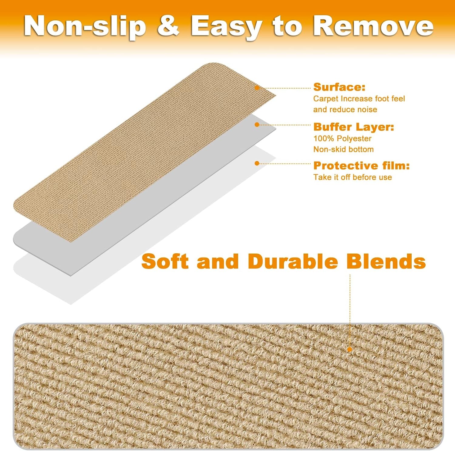 8X30In 15PCS Non-Slip Stair Treads Carpet, Self-Adhesive Stair Treads for Wooden Steps, Indoor Safety Staircase Step Treads, anti Slip Stair Runner Mats for Elders, Kids and Dogs (Beige)