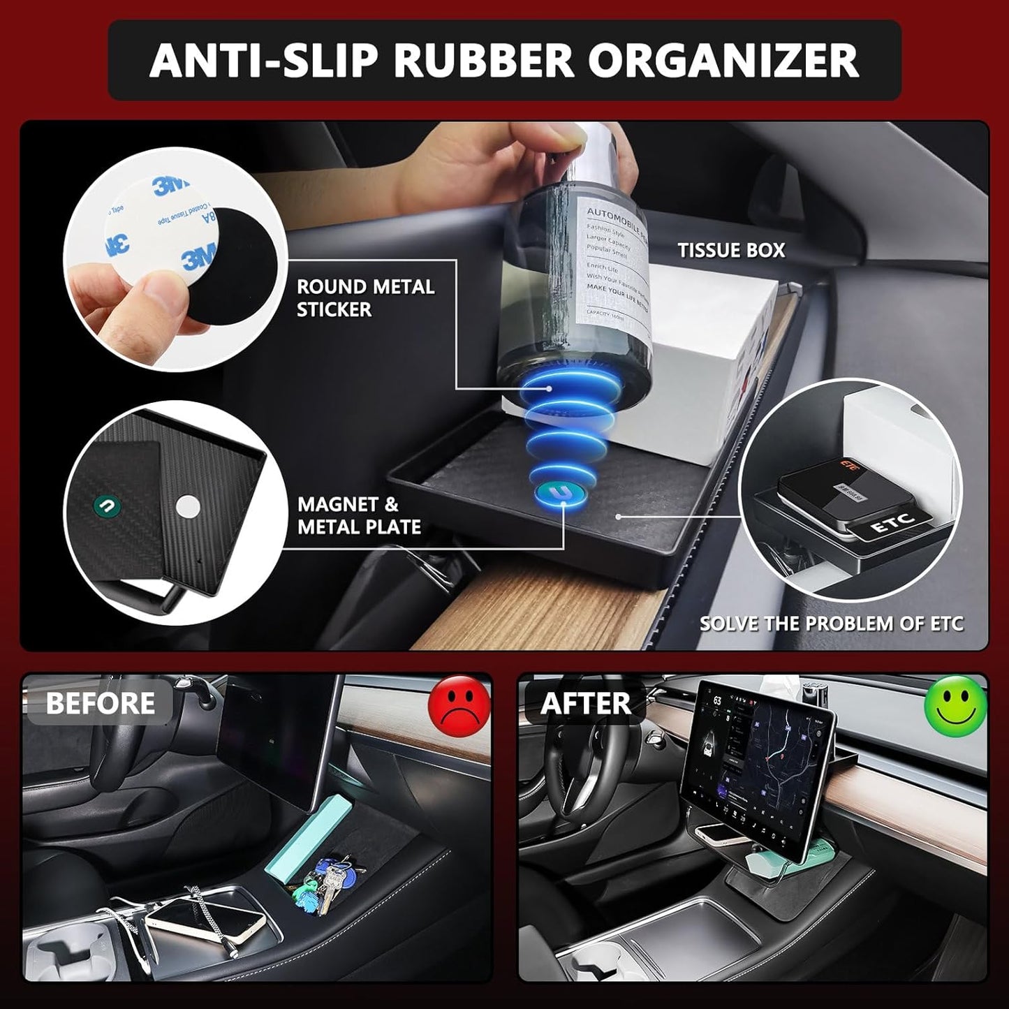 Under Screen Storage Organizer Model 3/Y Magnetic Center Console Organizer - Compatible with Tesla Model 3 2023-2017 Model Y Accessories 2024-2020 [Not Fit 2024 Model 3 Highland]