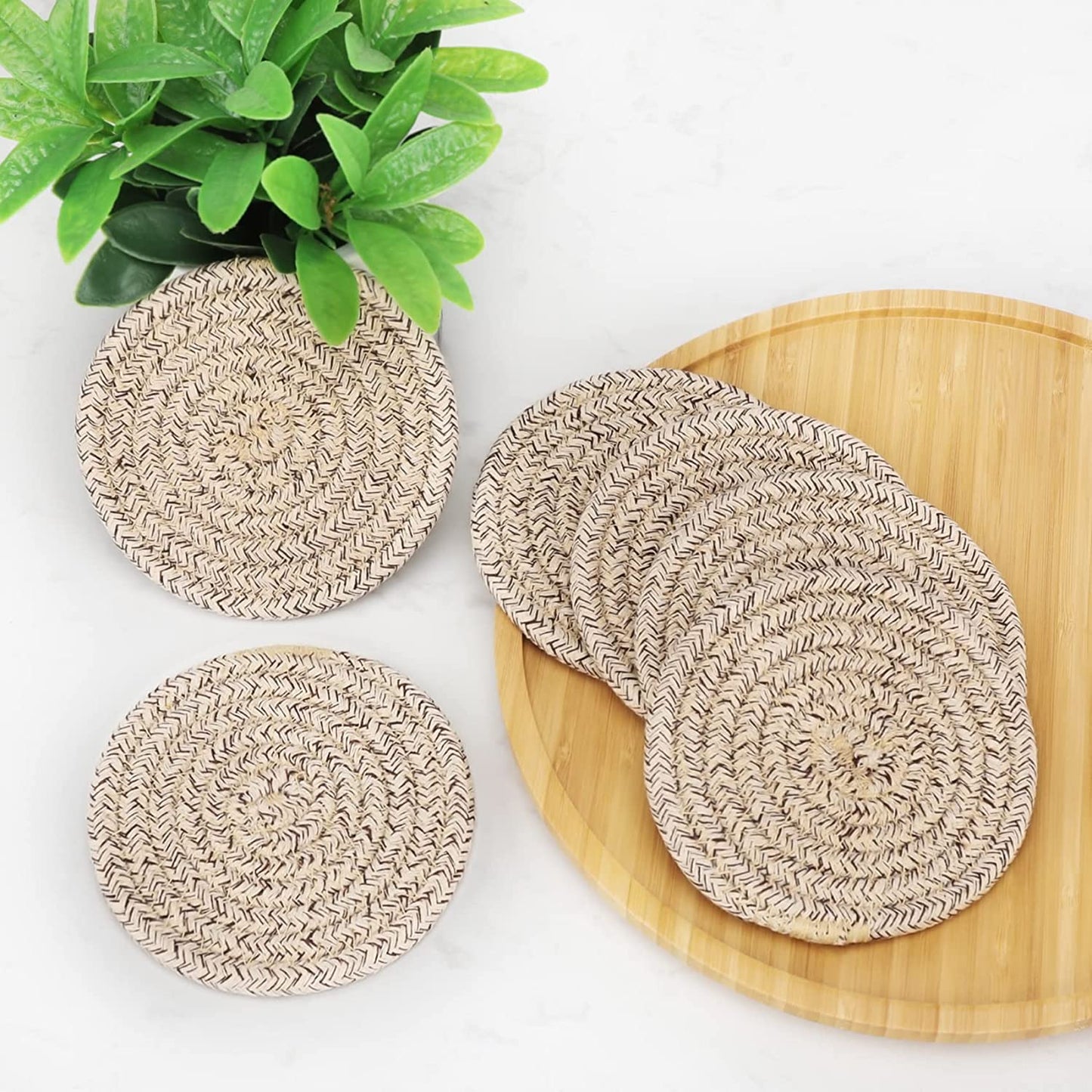 8 Pcs Drink Coasters with Holder, Cotton Woven Absorbent Coasters for Drinks, Minimalist Home Decor Coaster Set for Wooden Tabletop Protection Table, 4.3 Inches Mixed Brown