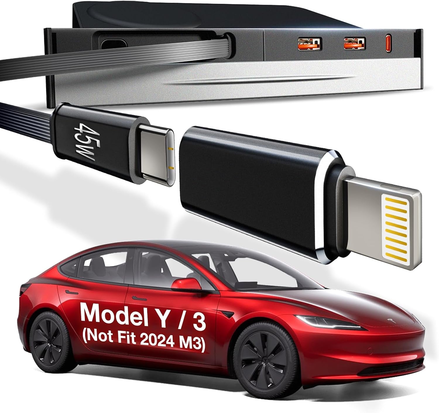 2024 Upgrade USB Charger Hub for Tesla Model Y/3 [45W Fast Charge] 4-Ports Center Console Retractable Phone Charger, Docking Station Suit Model Y (2021-24) and Model 3(2021-23)(Not Fit Model 3 2024)