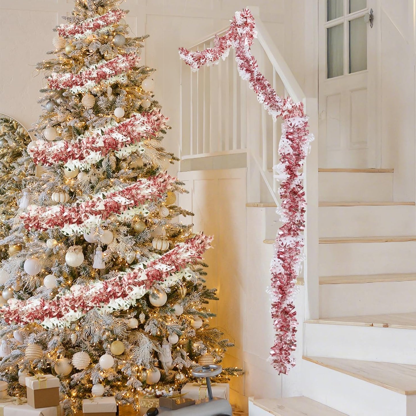 Mega-L Christmas Tinsel Garland Decorations, 26.25Ft Pink and White Jingling Bell Glittery Hanging Pink Xmas Decor for Holiday New Year Birthday Party Supplies Home Tree Mantel Women Indoor Outdoor