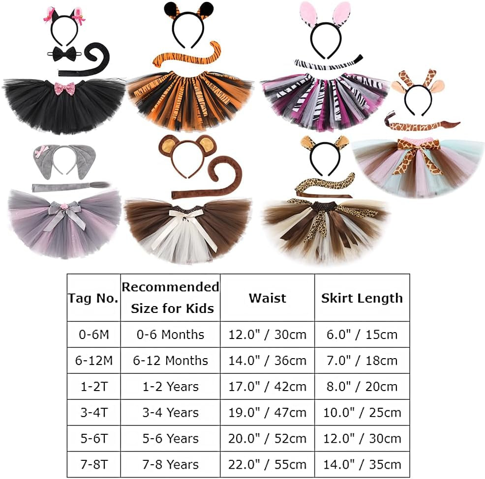 Baby Girls Jungle Animals Costume Tulle Tutu Skirt Ears Headband Bow Tie and Tail Set for Halloween Cosplay Dress Up
