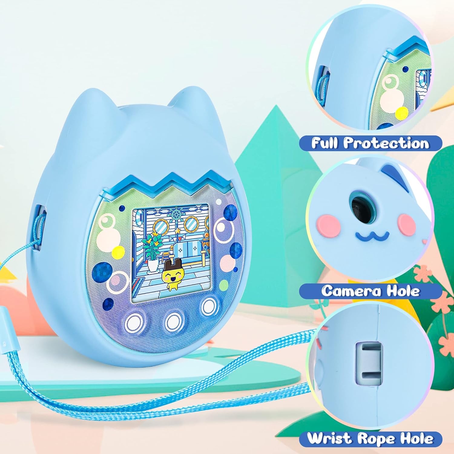 Carrying Case and Silicone Cover Compatible with Tamagotchi Pix Virtual Pet Game Machine, (5-In-1) Silicone Cover for Tamagotchi Pix, with Finger Lanyard and Screen Protector (Blue) ZOUSA