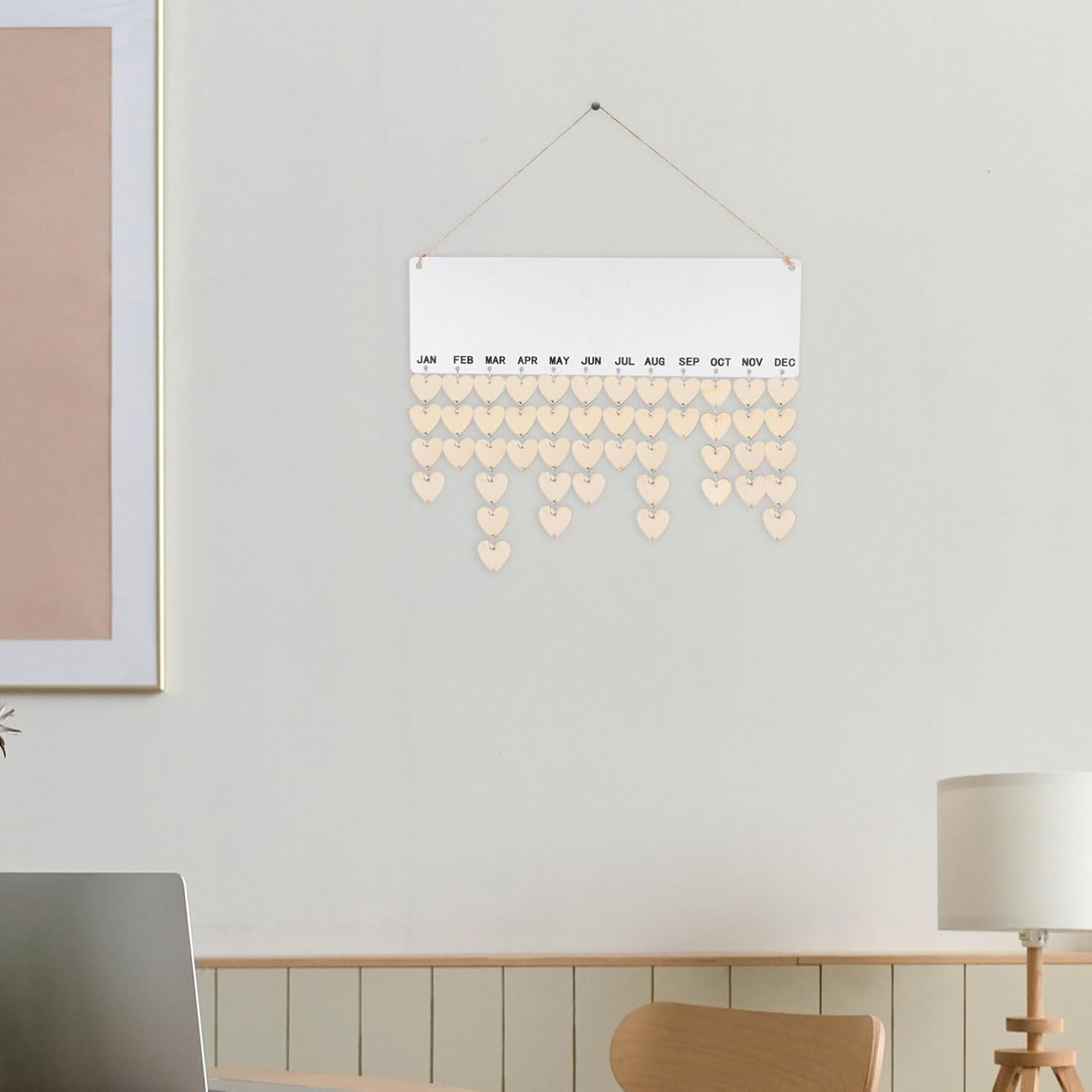 Family Birthday Wooden Reminder Calendar Board Wall Hanging Plaque Board Wood Heart Tags with 50 PCS Iron Loops for Wedding Birthday Christmas Home Wall Decor