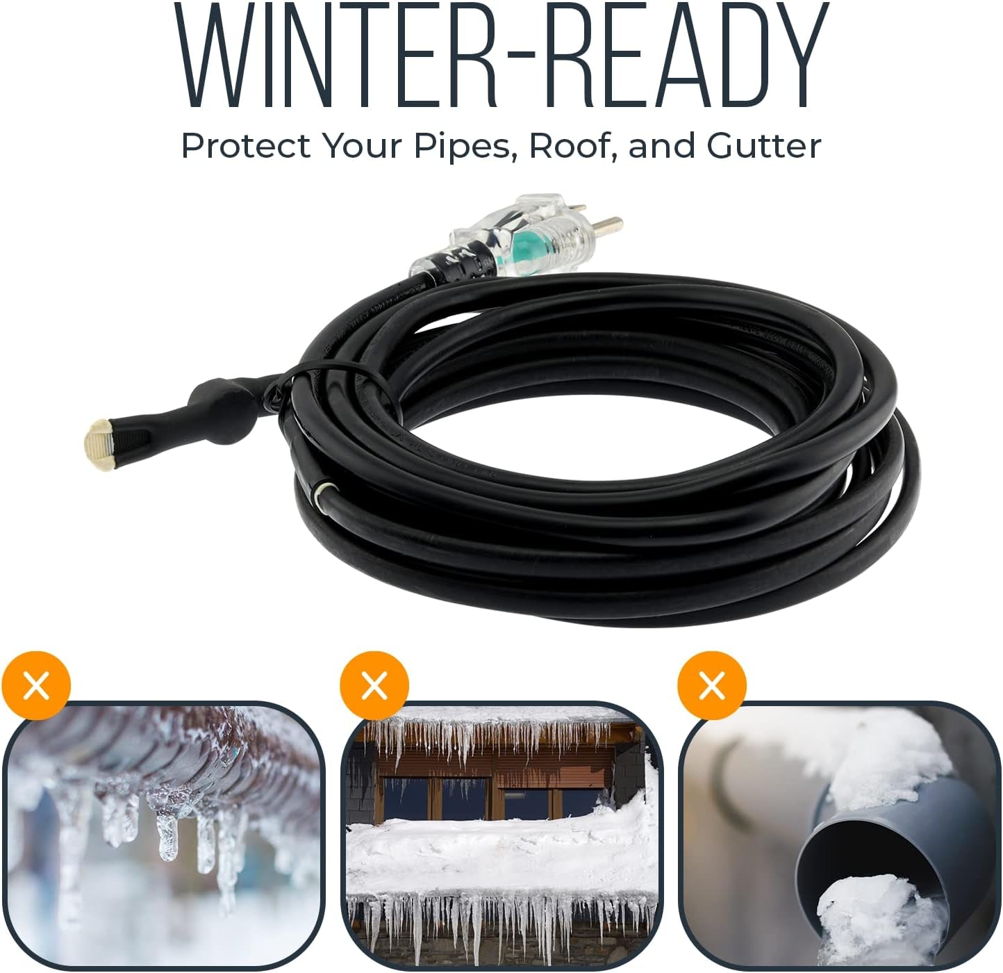 Premium Heat Cable for Pipe Freeze Protection - Heating Tape with Built-In Thermostat - Constant Watt Anti-Freeze & Uv-Proof Heated Cord - 120 VAC - Copper Nickel Wire Heater